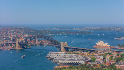 Aerial View of Sydney Harbour Balmain Darling harbour Sydney CBD cockle Bay Wharf North Sydney harbour bridge Lavender Bay Milsons Point Manly on a warm summer day blue skies 