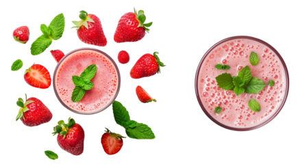 Top view of strawberry smoothie with mint leaves isolated on white or transparent background, cutout PNG