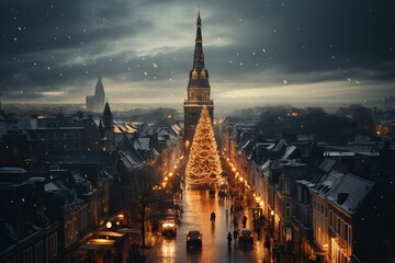 Fototapeta premium Top view of the main town square during Christmas celebrations.