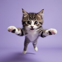 Fototapeta premium A playful tabby kitten leaping directly toward the camera with wide-open eyes and outstretched paws, creating a dynamic and engaging perspective