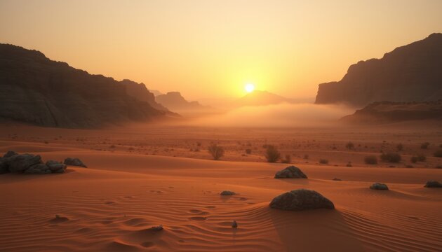 Sunrise over a misty desert landscape with rocks and sand dunes.