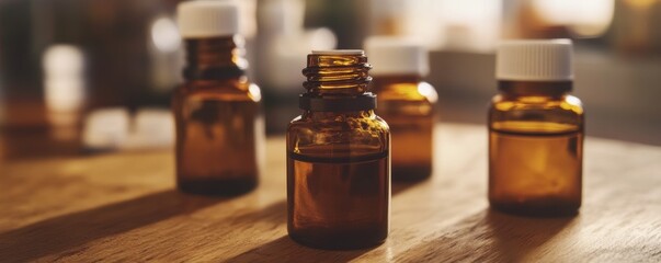 Amber glass bottles with white caps on a wooden surface in soft natural lighting