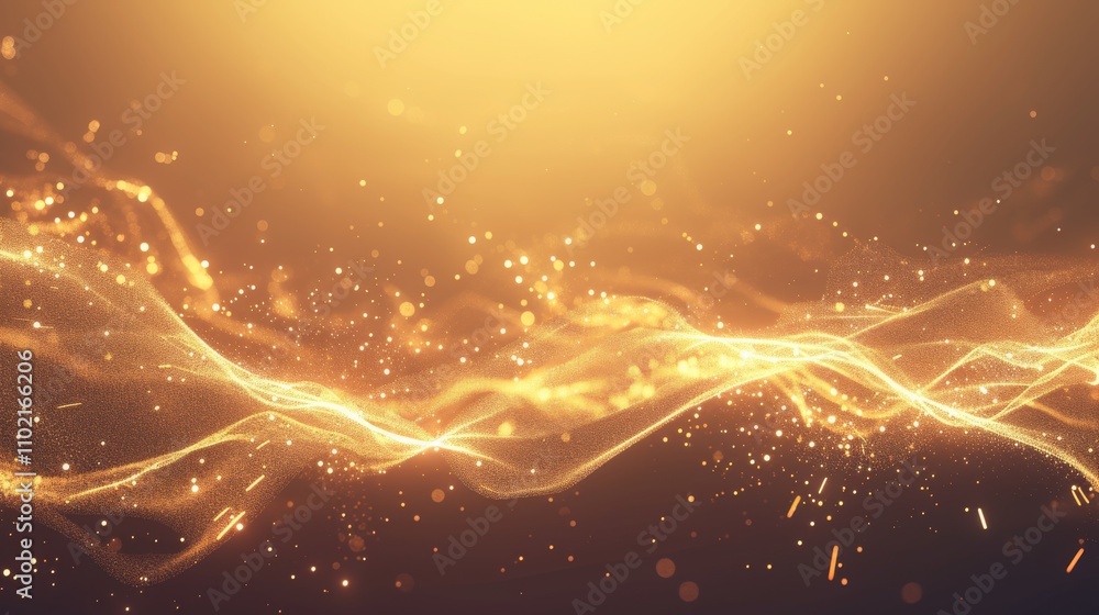 Poster a vibrant abstract image featuring glowing golden waves intertwined with sparkling particles, set ag