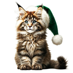 Fluffy Tabby Cat in Green Santa Hat Isolated on Transparent Background, Cute kitty with Christmas accessory