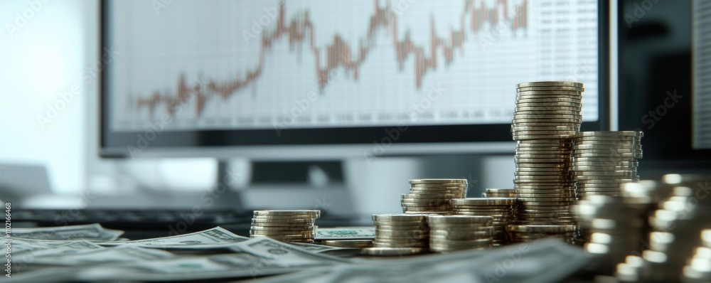 Aufkleber stacks of gold coins and dollar bills with a financial chart on a computer screen in the background.