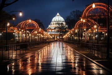 Fototapeta premium Night pedestrian street near the amusement park.