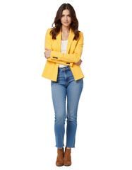 A young woman in yellow blazer and jeans standing isolated on transparent background.