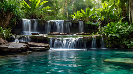 A cascading waterfall surrounded by dense vegetationthe refreshing energy of the water Ai