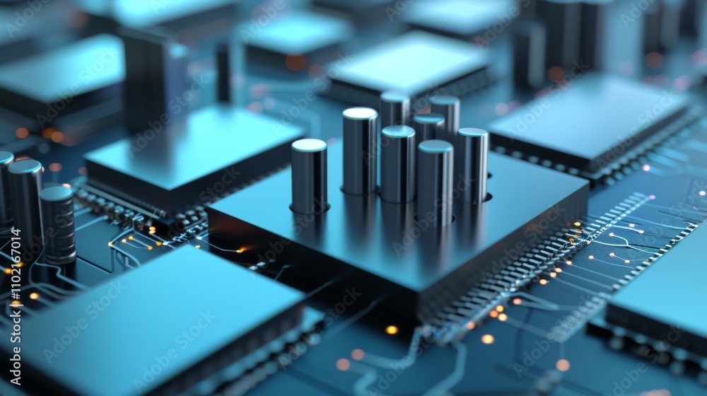 Poster a close-up of a blue-hued circuit board with metallic structures, capturing modern electronics and d