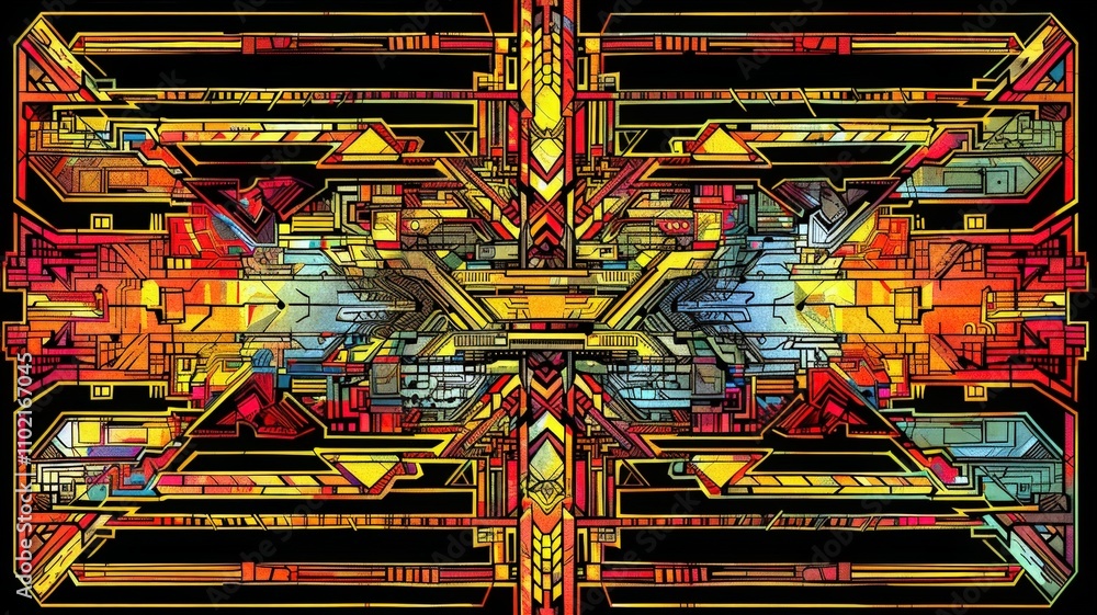 Poster dynamic abstract art creation digital realm graphic design vibrant colors symmetrical layout visual 