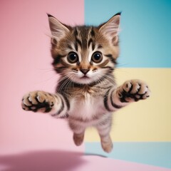 Obraz premium A playful tabby kitten leaping directly toward the camera with wide-open eyes and outstretched paws, creating a dynamic and engaging perspective