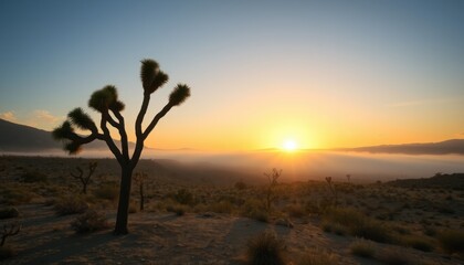 Obraz premium Sunrise over desert landscape with Joshua tree silhouette.