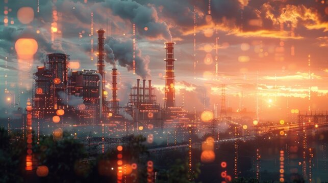 Dramatic fiery sunset landscape with towering oil refinery plant smokestacks and glowing flames in an urban industrial setting  Panoramic view of the atmospheric cityscape at night with a vibrant