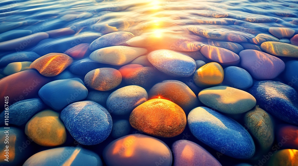 Poster serene sunset over ocean pebbles capturing light and colors of dusk : generative ai
