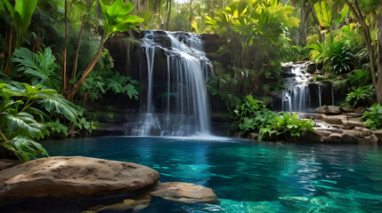 A cascading waterfall surrounded by dense vegetationthe refreshing energy of the water Ai