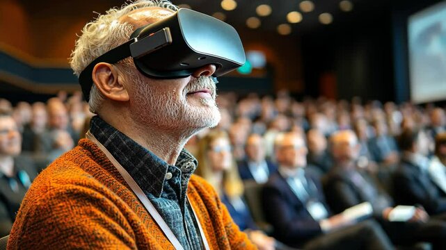Elderly man experiences virtual reality at a technology conference focused on innovation and future trends - Powered by Adobe