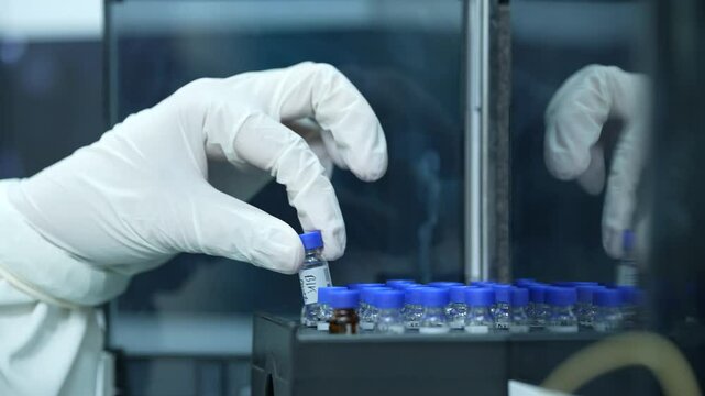 Hplc equipment science experiment Vials filling inside an autosampler of an HPLC machine inside view in a Scientific experimental laboratory for research development analysis and ipqa test study	