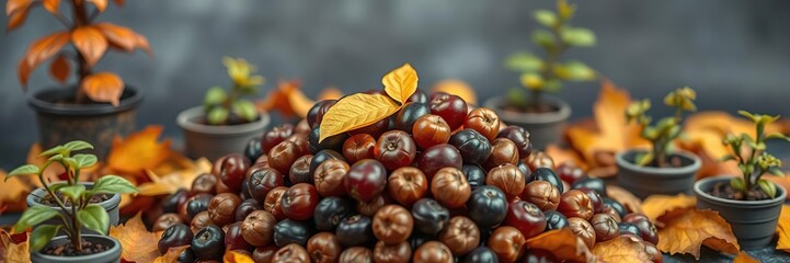 Fototapeta premium Dried plum pile with a small leaf on top surrounded by small potted plants and autumn leaves, autumn leaves, kitchen table setting, dried plums