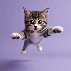 Obraz premium A playful tabby kitten leaping directly toward the camera with wide-open eyes and outstretched paws, creating a dynamic and engaging perspective