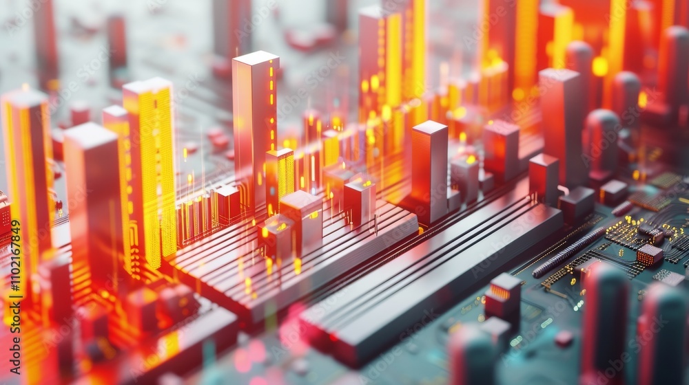 Poster a digital 3d rendering of a circuit board resembling a cityscape with towering skyscrapers glowing i