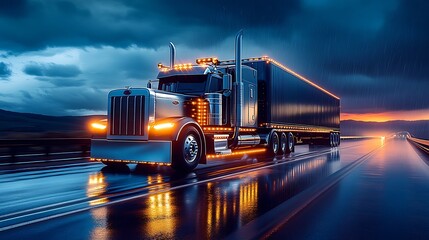 Large Freight Truck Reflecting on Wet Highway at Night Under Ominous Cloudy Sky : Generative AI