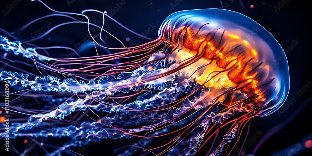 Poster Stunning Luminescent Jellyfish with Flowing Tendrils in Dark Ocean : Generative AI