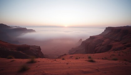 Sunrise over misty canyon landscape.