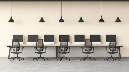 Fototapeta premium Minimalist Office Workspace with Computers and Hanging Lamps