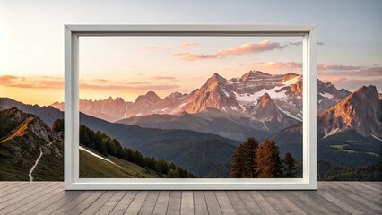 Empty white frame set against a majestic mountain range at sunset, golden light, outdoor scene, landscape scenery