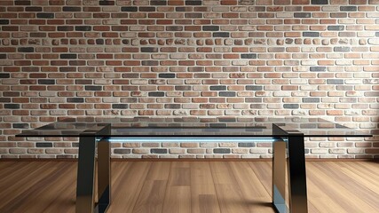 Exposed brick wall behind a sleek glass-topped dining table with metal legs and LED lighting, contemporary, minimalist