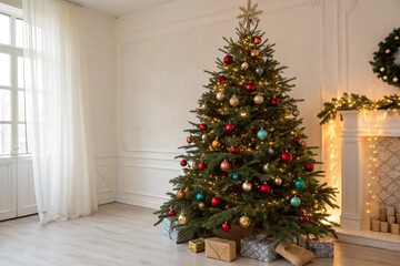 Evergreen Christmas tree with colorful ornaments and lights, ornaments, holiday decor, festive