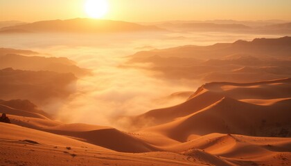 Naklejka premium Sunrise over misty desert dunes. (4)