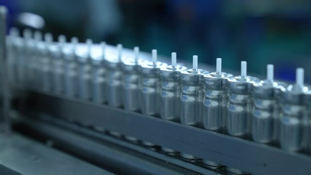 asthma inhaler canister containers in production line. inhaler manufacturing. canister making process in a factory. asthma medicine in metal bottles on a conveyor belt. Pharmaceutical product