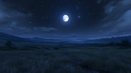 Fototapeta premium Bright full moon illuminates a serene night sky over a tranquil landscape filled with stars