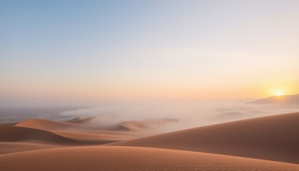 Sunrise over misty desert dunes. (5)