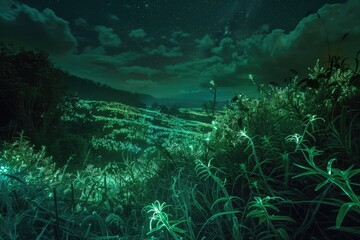 Nighttime View of a Lush Green Field Under a Starry Sky