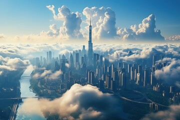 Fototapeta premium Metropolis in the clouds and above them.