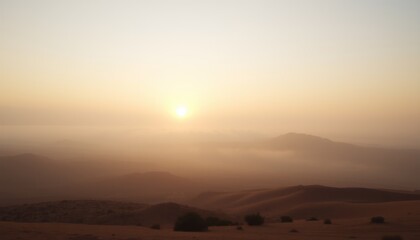 Sunrise over misty desert landscape.