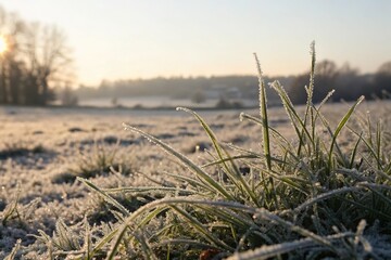 Frozen blades of grass glisten in morning sun with a thin layer of ice covering the surface, wintery scenes, frozen grass, cold weather effects