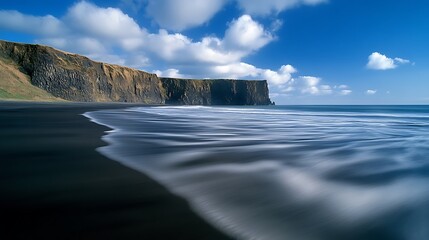 A dynamic shot of windblown sand patterns on a black beach framed by distant cliffs