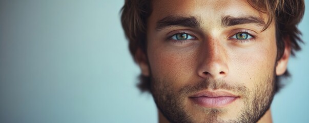 Naklejka premium Close-up portrait of a young man with beard and blue-green eyes against a blurred background.