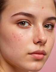 Fototapeta premium Close-up portrait of a teenage girl with half of her face showing clear, smooth skin and the other half with noticeable acne, representing skin care issues and the importance of skincare treatments