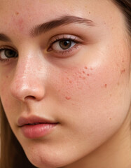 Close-up portrait of a teenage girl with half of her face showing clear, smooth skin and the other half with noticeable acne, representing skin care issues and the importance of skincare treatments