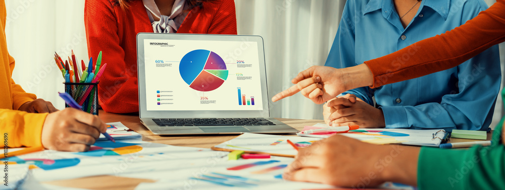 Poster startup company employee working together using laptop analyzing bi dashboard paper on financial dat
