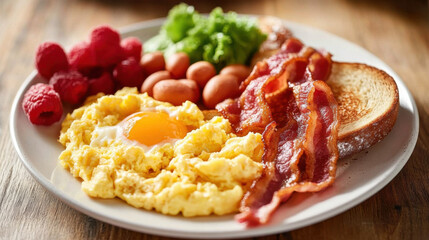 Delicious Breakfast Plate with Scrambled Eggs, Crispy Bacon, Toast, Fresh Raspberries, Cherry Tomatoes, and Green Lettuce on a Rustic Table Setting