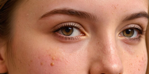 Obraz premium Close-up portrait of a teenage girl with half of her face showing clear, smooth skin and the other half with noticeable acne, representing skin care issues and the importance of skincare treatments