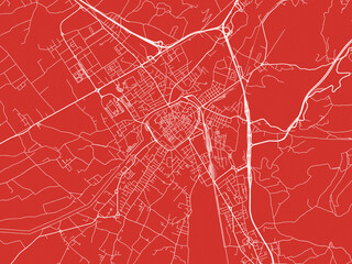 Christmas Map of Foligno, Italy in Snowy White on Festive Red Background.