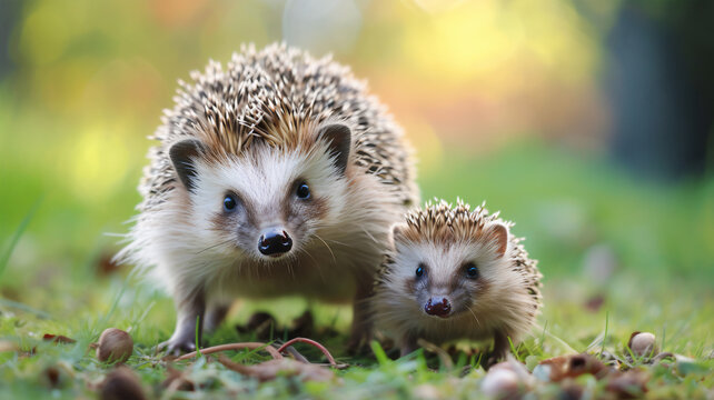 Fototapeta Close-up photo of mother hedgehog with baby in natural garden setting. Heartwarming wildlife portrait, parental care and guidance. Concept of animal family relationships, natural education in the wild