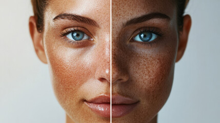 Close-up Portrait of a Young Woman with Blue Eyes and Freckles, Showcasing Natural Skin Texture, Lighting Variations, and Diverse Beauty Features in a Split Seamless Background
