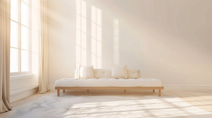 Blurred view of a light living room with a sofa and a soft bench.